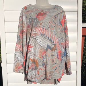 NWT Fresh Produce Leaf Print Long Sleeve Top - Gray and Coral